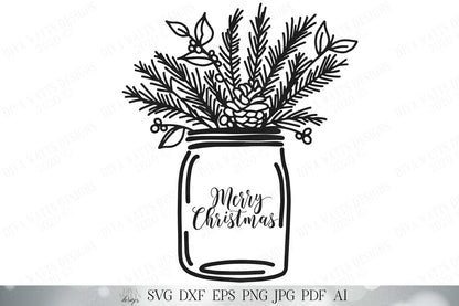 Christmas Mason Jar Arrangement SVG | Hand Drawn SVG | Christmas Floral Mason Jar SVG | dxf and more! | Printable