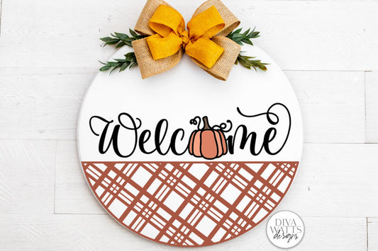 Welcome With Pumpkin And Plaid SVG | Farmhouse Fall Door Hanger Design