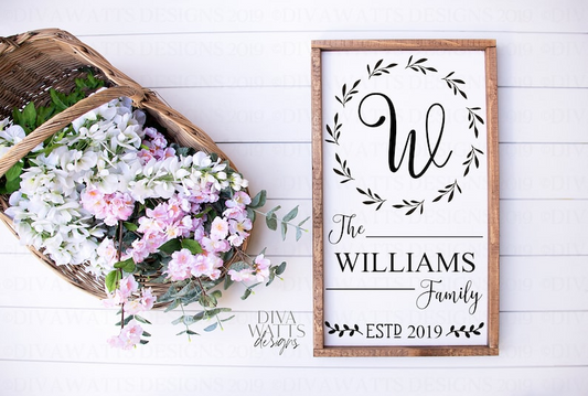 SVG Monogram Family Last Name | Cutting File | Welcome Farmhouse Sign | Floral Wreath | Vinyl Stencil HTV | Tea Towel | Vertical Rectangle