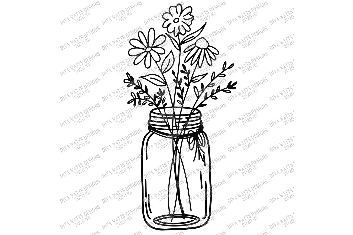 SVG | Mason Jar Floral Arrangement | Cutting File | DXF | Farmhouse Sign | Vinyl Stencil HTV | Flowers Daisies Wildflowers |