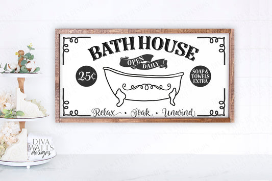 SVG | Bath House | Cutting File | Bathroom Clawfoot Antique Tub | Vintage Rustic Famhouse Sign | Frame Banner | Relax Soak Unwind | DXF eps