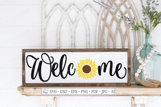 SVG | Welcome Sunflower | Cutting File | DXF EPS | Vinyl Stencil htv | Front Porch Entry Sign | Spring Summer | Cricut Silhouette | Script