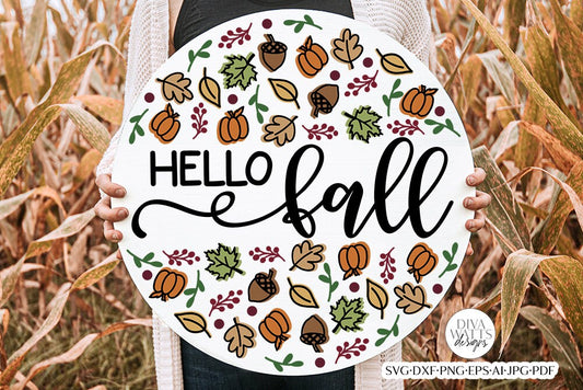 Hello Fall With Autumn Pattern SVG | Round Design