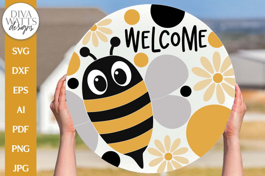 Welcome SVG | Bumble Bee & Daisies Door Hanger Design
