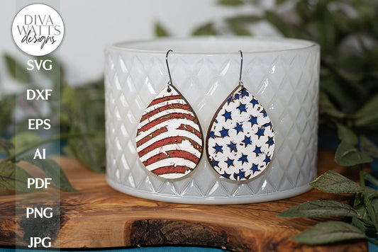 Patriotic 4th Of July Earrings SVG | Laser Glowforge Jewelry Design | Distressed Stars and Stripes