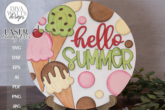 Hello Summer Glowforge Laser SVG | Ice Cream Cones Door Hanger Design
