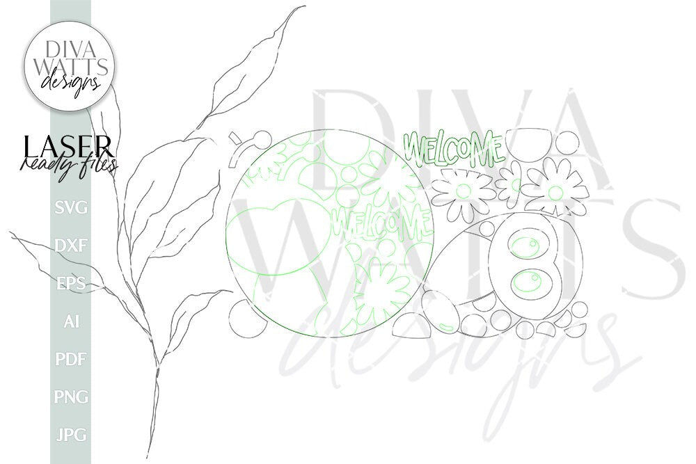 Welcome Glowforge Laser SVG Ladybug & Daisies Door Hanger Design Ladybug Sign SVG Laser File for Front Door Decor Ladybug Welcome Sign