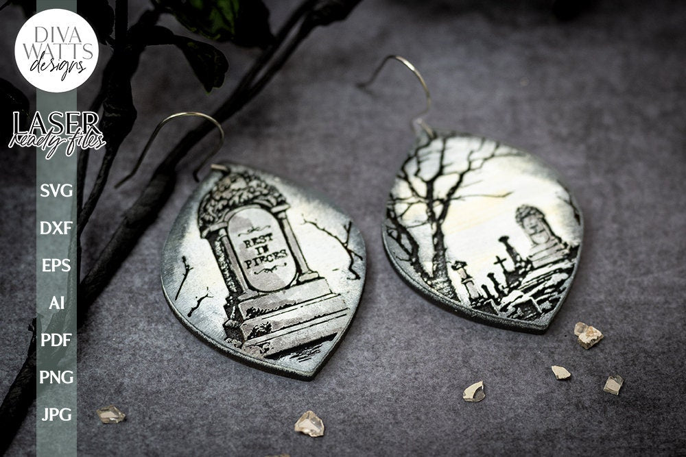 Cemetery Earrings SVG For Laser Earrings With Tombstone for Halloween Earrings For Glowforge Headstone Earrings SVG Halloween Earrings Grave