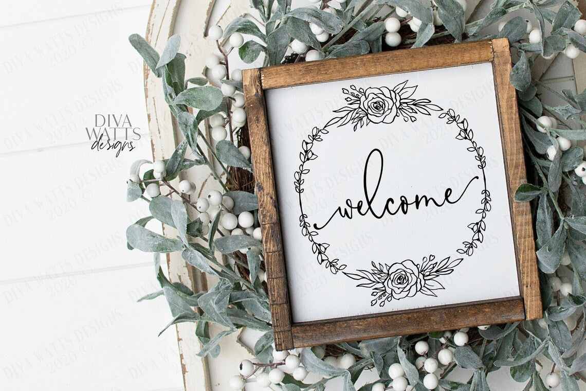 SVG | Floral Welcome Wreath | Cutting File | Farmhouse Shabby Chic Vintage | Roses Greenery | Script | Vinyl Stencil HTV | Sign Tea Towel