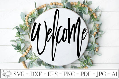 SVG | Welcome | Cutting File | Oversized Modern Farmhouse | Made For Round Circle Signs | Wreath Center | Vinyl Stencil HTV | DXF eps png ai