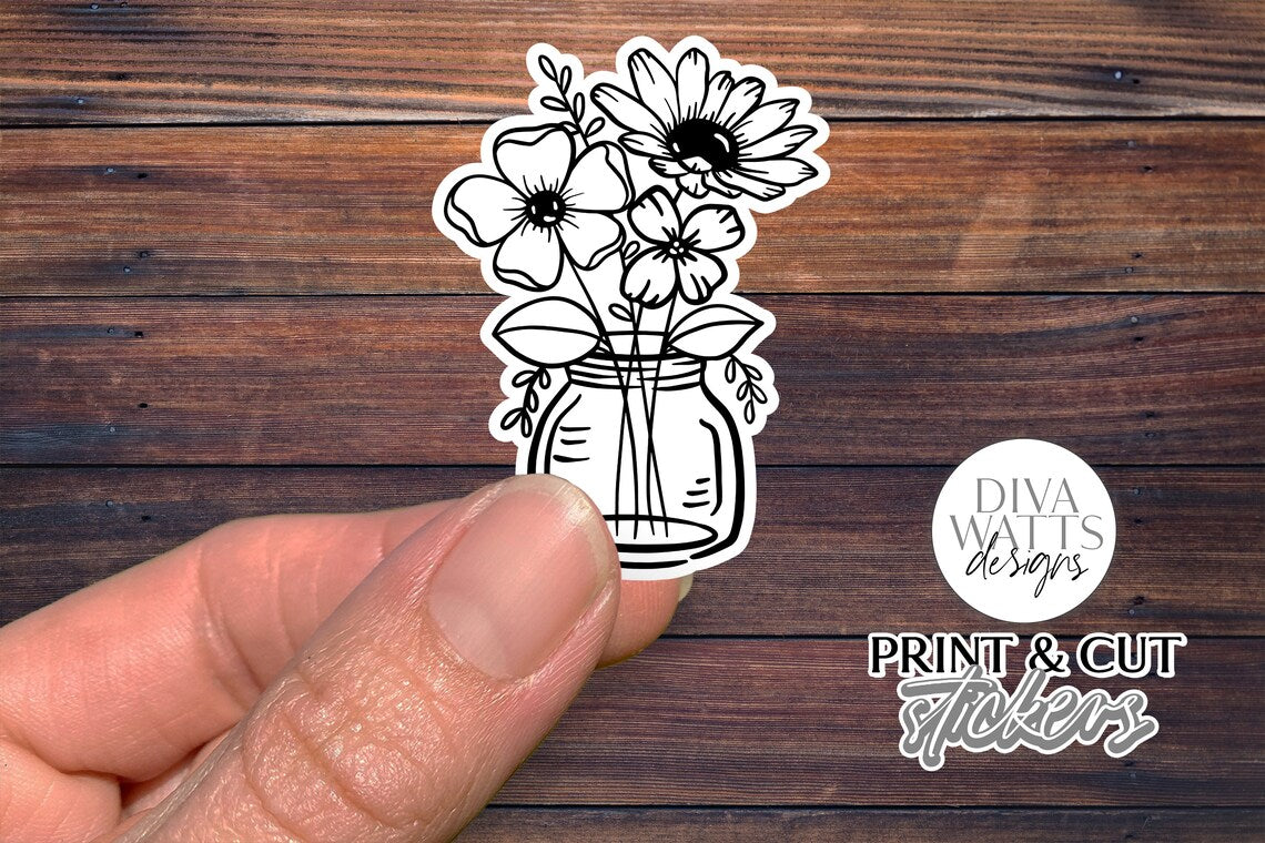 12 Flower Print & Cut Stickers | Hand Drawn Floral Sticker Designs | DIGITAL DOWNLOAD
