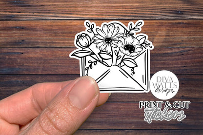 12 Flower Print & Cut Stickers | Hand Drawn Floral Sticker Designs | DIGITAL DOWNLOAD