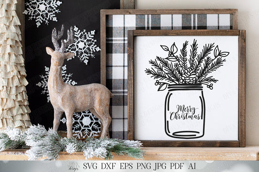 Christmas Mason Jar Arrangement SVG | Hand Drawn SVG | Christmas Floral Mason Jar SVG | dxf and more! | Printable