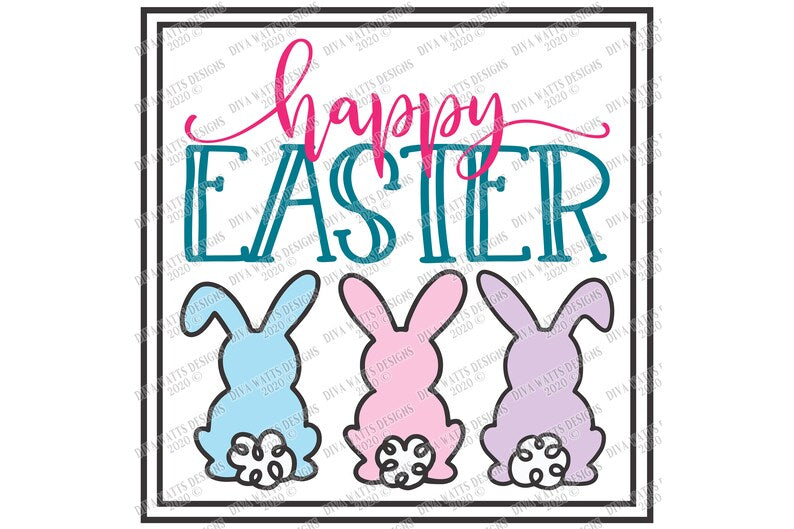 SVG | Happy Easter | Cutting File | Bunny Bunnies Trio | Fluffy Tails Ears | Vinyl Stencil HTV | Farmhouse Sign Shirt Tote Pillow | eps dxf