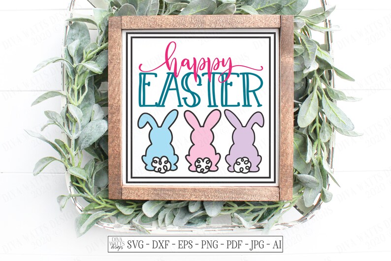 SVG | Happy Easter | Cutting File | Bunny Bunnies Trio | Fluffy Tails Ears | Vinyl Stencil HTV | Farmhouse Sign Shirt Tote Pillow | eps dxf
