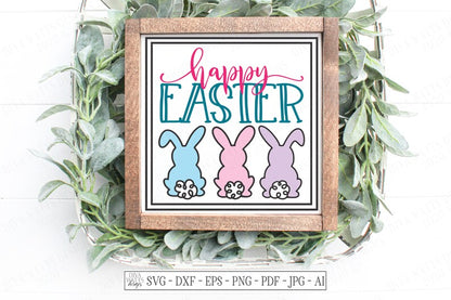 SVG | Happy Easter | Cutting File | Bunny Bunnies Trio | Fluffy Tails Ears | Vinyl Stencil HTV | Farmhouse Sign Shirt Tote Pillow | eps dxf