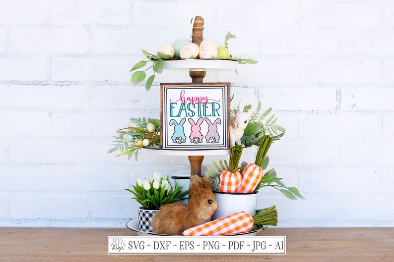 SVG | Happy Easter | Cutting File | Bunny Bunnies Trio | Fluffy Tails Ears | Vinyl Stencil HTV | Farmhouse Sign Shirt Tote Pillow | eps dxf
