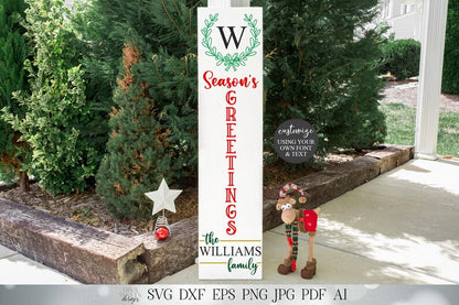 Vertical Season's Greetings Monogram and Last Name | Leaning Porch Sign | Customize | SVG DXF eps png | Digital Download