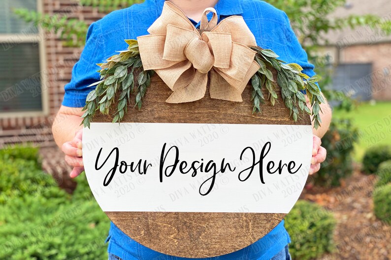 Wood Wreath Mockup | Digital Design Display | Instant Download | Wooden Wreath With Greenery and Bow Mock-up