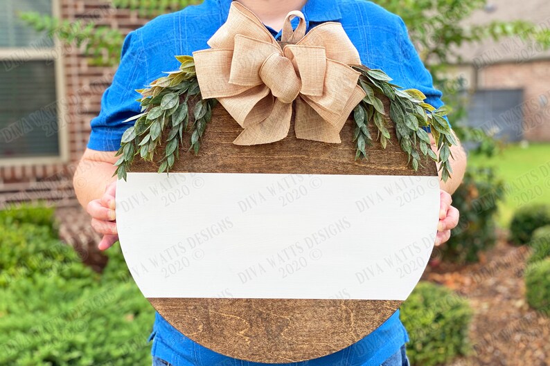 Wood Wreath Mockup | Digital Design Display | Instant Download | Wooden Wreath With Greenery and Bow Mock-up