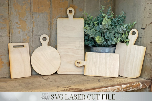 Set of 5 Cutting Boards for Laser Cutting Machine | Tested with Glowforge | SVG File | Tiered Tray Decor and More!