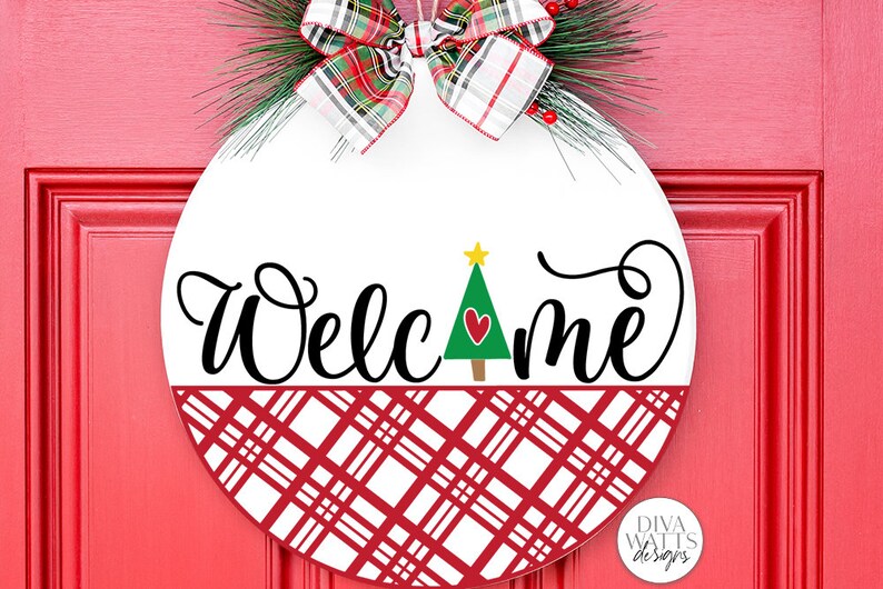 Welcome with Christmas Tree and Plaid SVG | Winter Door Hanger Design