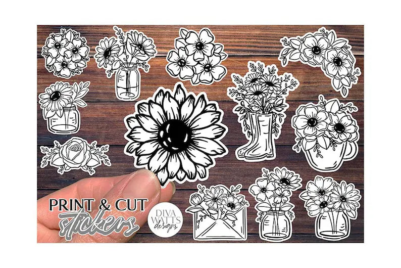 12 Flower Print & Cut Stickers | Hand Drawn Floral Sticker Designs | DIGITAL DOWNLOAD