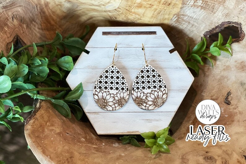 Boho Sunflower Rattan Drop Earrings Glowforge SVG | Floral Laser File