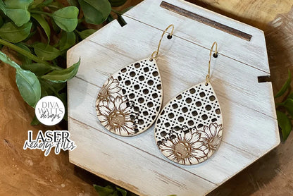Boho Sunflower Rattan Drop Earrings Glowforge SVG | Floral Laser File