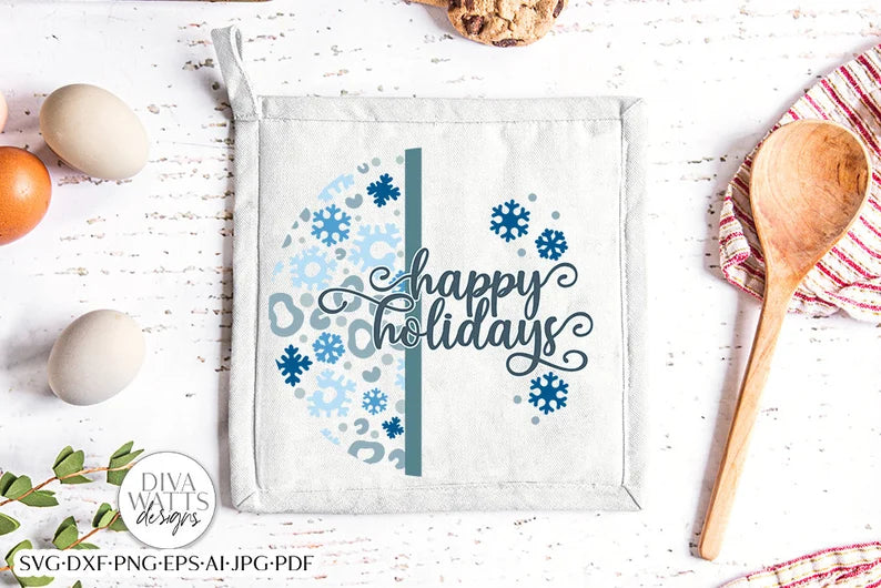 Happy Holidays Leopard Snowflakes Print SVG | Christmas Door Hanger | Round Design