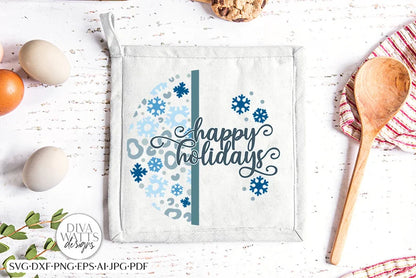Happy Holidays Leopard Snowflakes Print SVG | Christmas Door Hanger | Round Design