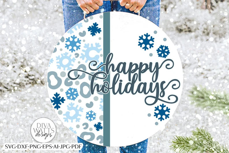 Happy Holidays Leopard Snowflakes Print SVG | Christmas Door Hanger | Round Design