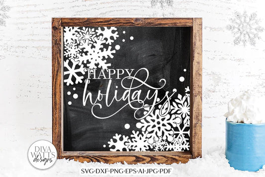Happy Holidays With Snowflakes SVG | Farmhouse Square Design