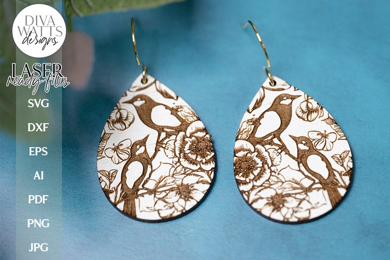 Bird and Flower Earrings SVG | Tear Drop Laser Earrings | Flowers Dangle Earrings