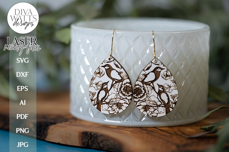 Bird and Flower Earrings SVG | Tear Drop Laser Earrings | Flowers Dangle Earrings