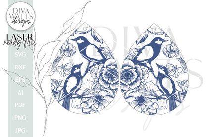 Bird and Flower Earrings SVG | Tear Drop Laser Earrings | Flowers Dangle Earrings
