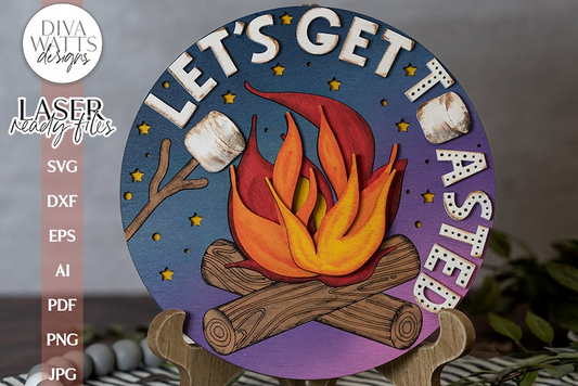 Let's Get Toasted Glowforge SVG | Laser Cutting File With Campfire and Marshmallows Door Hanger Design