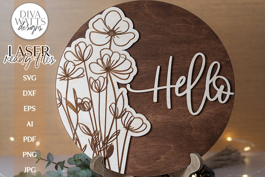 Hello With Wildflowers Glowforge Laser SVG | Floral Door Hanger Design