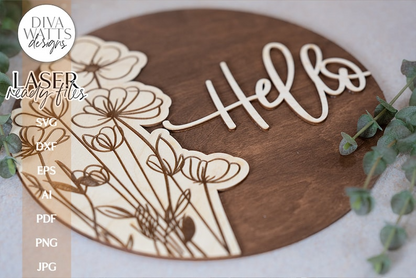 Hello With Wildflowers Glowforge Laser SVG | Floral Door Hanger Design