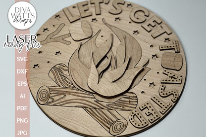 Let's Get Toasted Glowforge SVG | Laser Cutting File With Campfire and Marshmallows Door Hanger Design