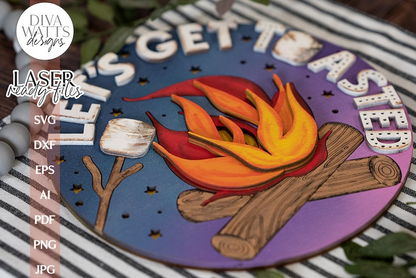 Let's Get Toasted Glowforge SVG | Laser Cutting File With Campfire and Marshmallows Door Hanger Design