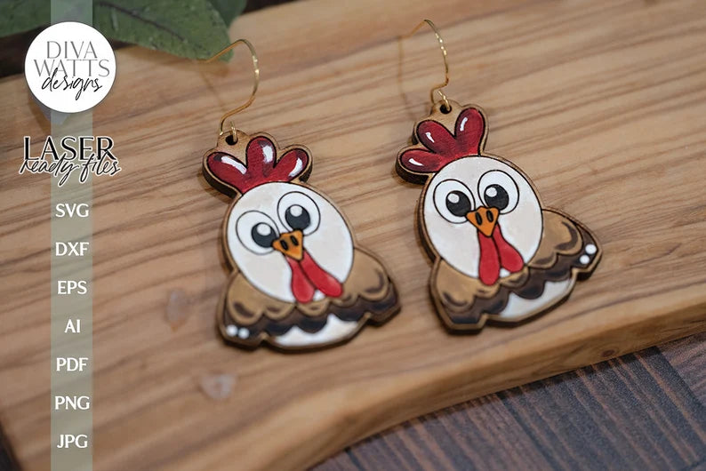 Funny Chicken Earrings Glowforge SVG Laser Chicken Earrings Laser File Cute Chicken Jewelry For Laser