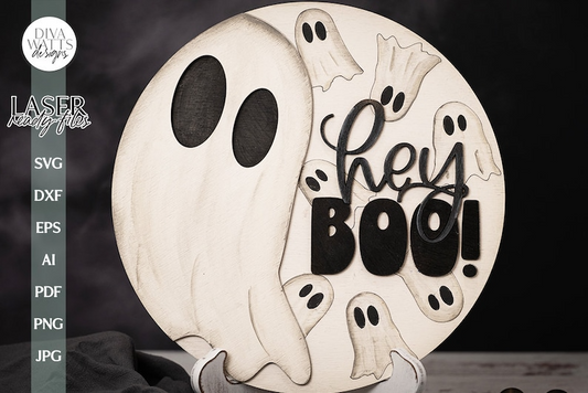 Hey Boo Laser Sign SVG For Halloween Door Hanger Ghost SVG Ghosts For Front Door Sign Welcome Halloween Door Hanger With Ghosts SVG