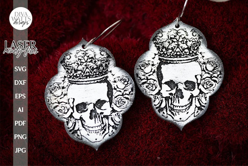Skull With Crown Earrings SVG For Laser Earrings With Skull for Halloween Earrings For Glowforge Skulls Earrings SVG Halloween Earring SVG