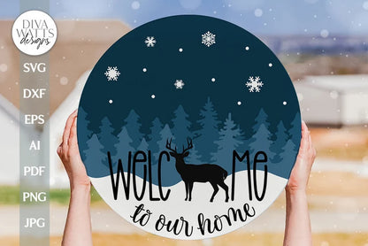 Welcome To Our Home DWD Winter Deer Scene SVG Deer SVG Welcome Winter svg Winter Door Hanger svg Farmhouse Christmas svg Farmhouse Sign