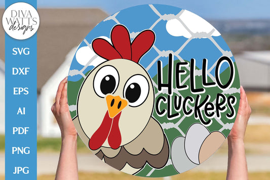 Hello Cluckers SVG | Farm Chicken Door Hanger Design