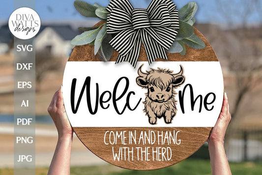 Welcome SVG Door Hanger Highland Cow SVG Farmhouse Front Door Sign SVG With Highland Cow Welcome Door Hanger svg Farmhouse Porch Decor svg