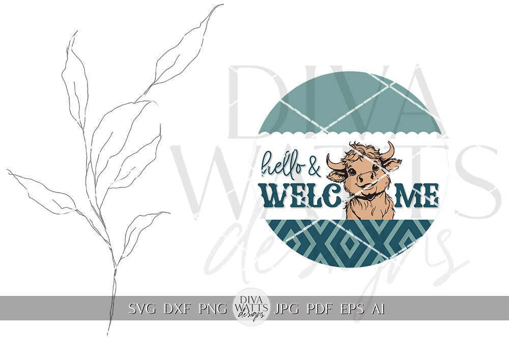 Hello & Welcome SVG Western Cow Door Hanger Design Cute Highland Cow SVG Welcome SVG Hello svg Cow svg Cricut svg for Door Hanger Sign svg