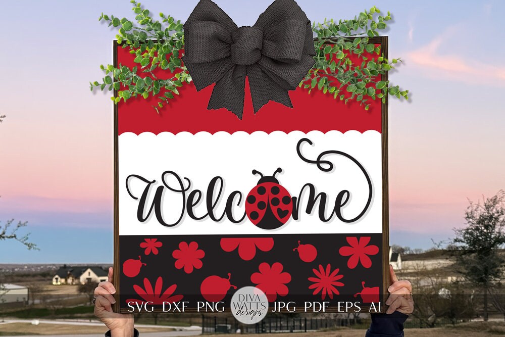 Welcome SVG Spring Ladybug Square Design svg Spring Door Hanger svg Ladybug SVG for Porch sign Porch decor svg Spring svg Spring cricut svg