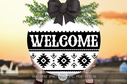 Welcome SVG Southwest Pattern Door Hanger SVG Aztec Pattern SVG Round Door hanger svg Aztec pattern Sign svg Cricut svg for Welcome Sign